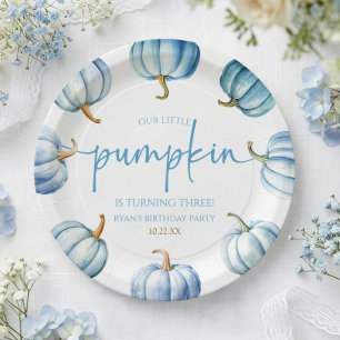 Our Little Pumpkin Blue White Fall Birthday Party Paper Plates