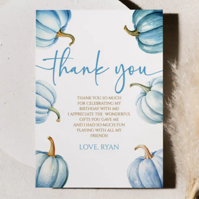 Our Little Pumpkin Blue White Fall Birthday Party Thank You Card | Zazzle