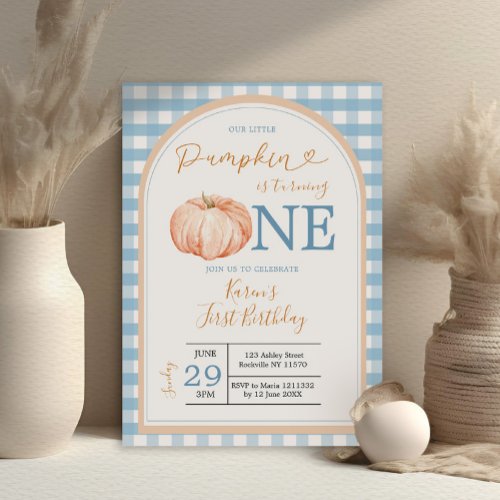 Our Little Pumpkin Boho Blue Gingham 1st Birthday Invitation