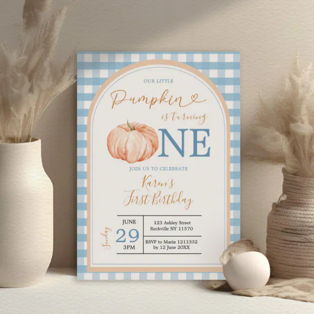 Our Little Pumpkin Boho Blue Gingham 1st Birthday Invitation | Zazzle