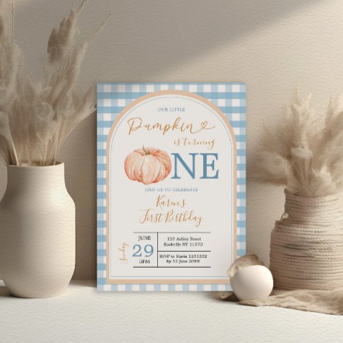 Our Little Pumpkin Boho Blue Gingham 1st Birthday Invitation