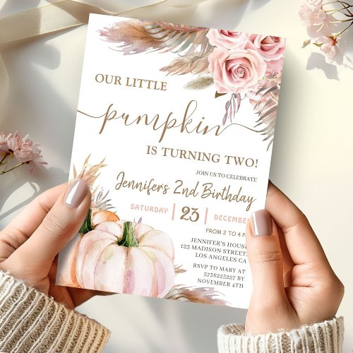 Our Little Pumpkin  Boho Fall Girl 2nd Birthday Invitation