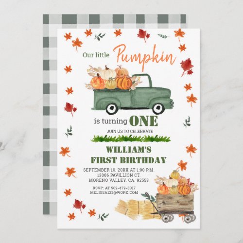 Our Little Pumpkin Boy First Birthday Green Truck Invitation