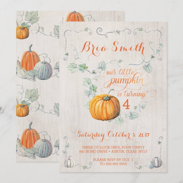 Our Little Pumpkin Fall Birthday Party Invitations (Front/Back)