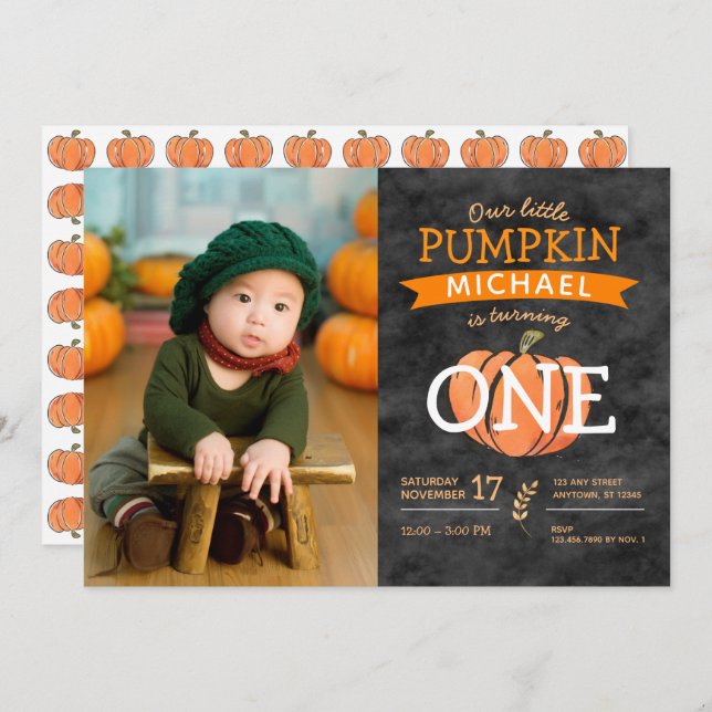 Our Little Pumpkin Fall Birthday Photo Invitation (Front/Back)