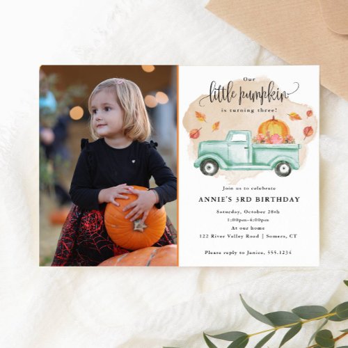 Our Little Pumpkin Fall Farm Truck Birthday Photo Invitation