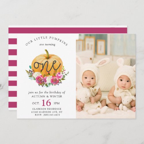 Our Little Pumpkin Fall Floral 1st Twins Birthday Invitation