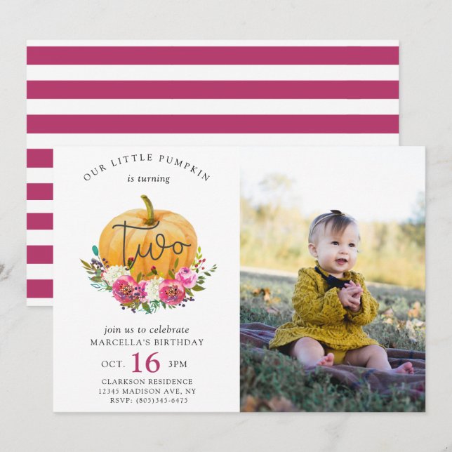 Our Little Pumpkin Fall Floral 2nd Birthday Invitation (Front/Back)