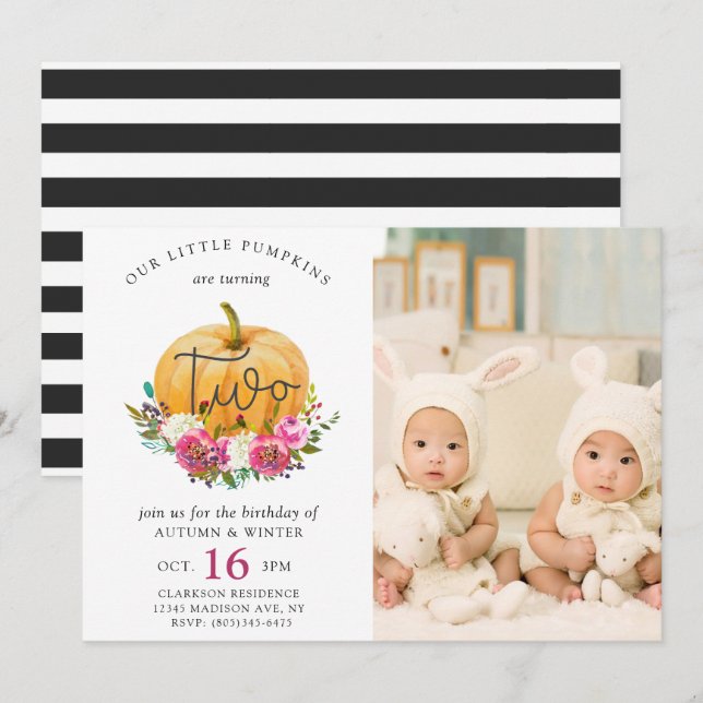 Our Little Pumpkin Fall Floral 2nd Twins Birthday Invitation (Front/Back)