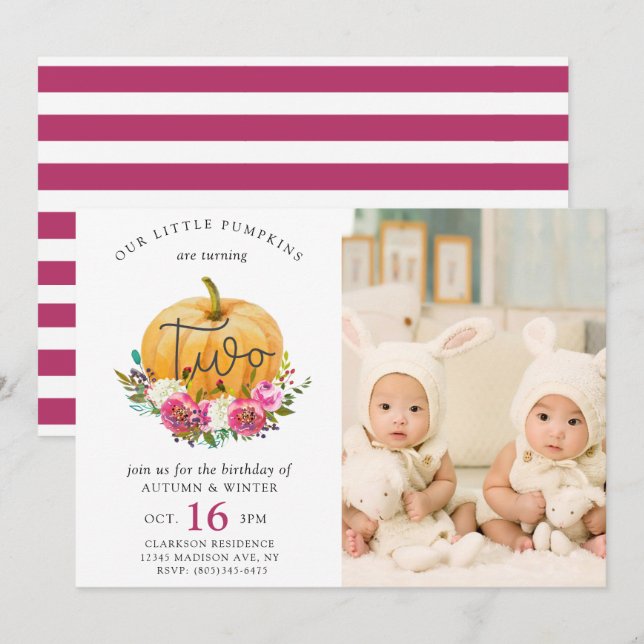 Our Little Pumpkin Fall Floral 2nd Twins Birthday Invitation (Front/Back)