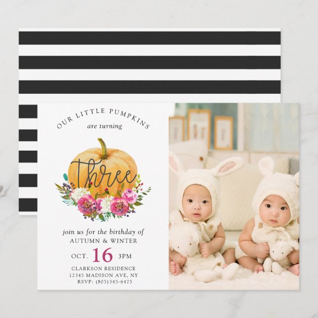 Our Little Pumpkin Fall Floral 3rd Twins Birthday Invitation (Front/Back)