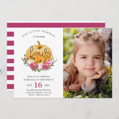 Our Little Pumpkin Fall Floral 4th Birthday Invitation