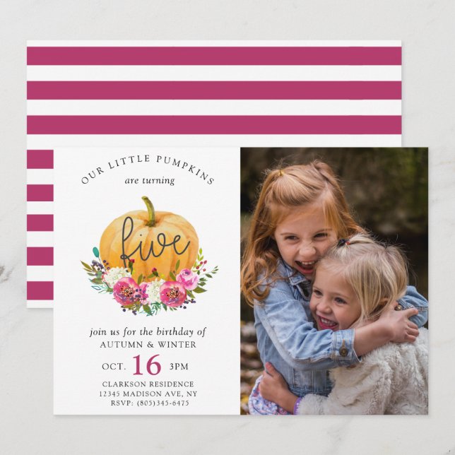 Our Little Pumpkin Fall Floral 5th Twins Birthday Invitation (Front/Back)