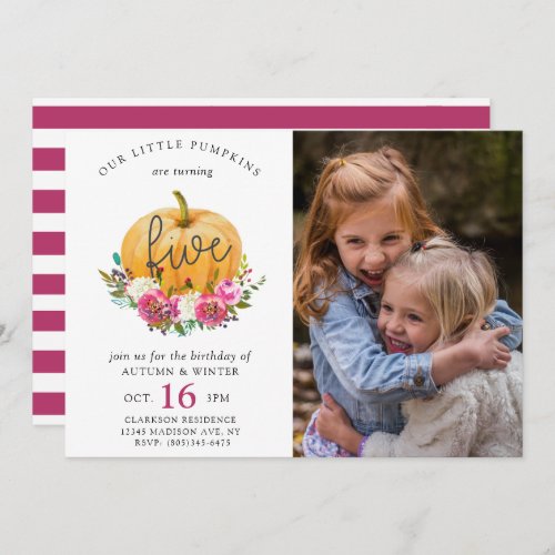 Our Little Pumpkin Fall Floral 5th Twins Birthday Invitation
