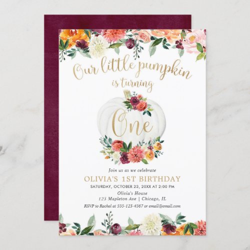 Our little pumpkin fall floral burgundy gold invitation