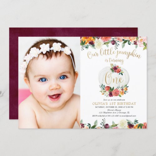 Our little pumpkin fall floral burgundy gold photo invitation