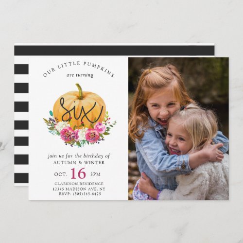 Our Little Pumpkin Fall Floral Twins 6th Birthday Invitation