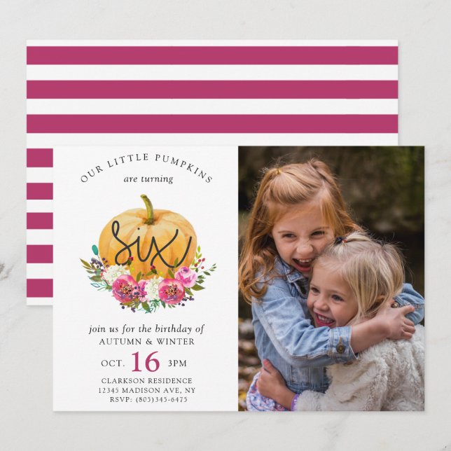 Our Little Pumpkin Fall Floral Twins 6th Birthday Invitation (Front/Back)