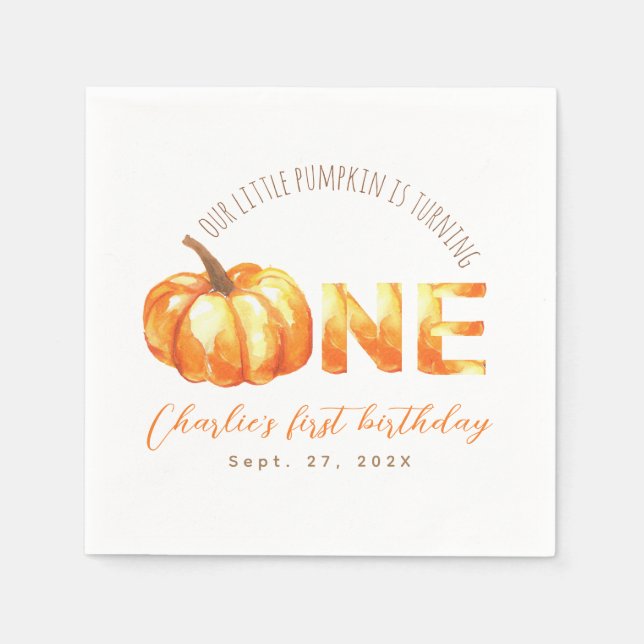 Our Little Pumpkin Fall Watercolor First Birthday Napkins (Front)