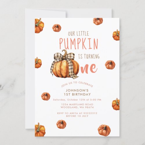 Our Little Pumpkin First Birthday Bow Pumpkin  Invitation