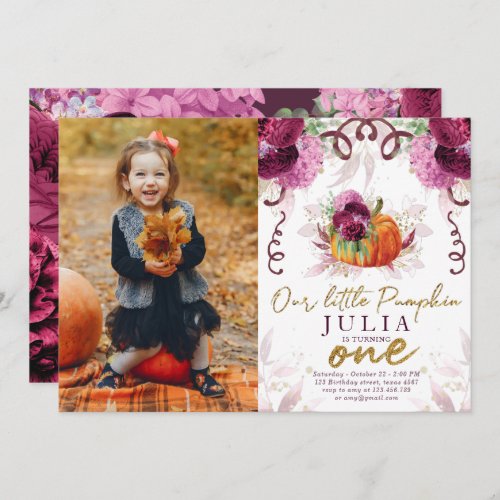 Our Little Pumpkin First Birthday Burgundy Photo Invitation