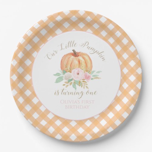 Our Little Pumpkin first birthday floral plaid Paper Plates