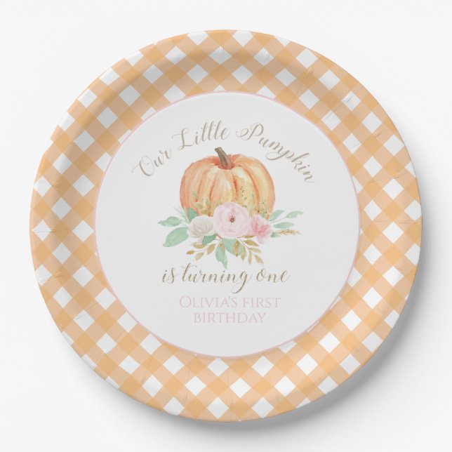 Our Little Pumpkin first birthday floral plaid Paper Plates (Front)