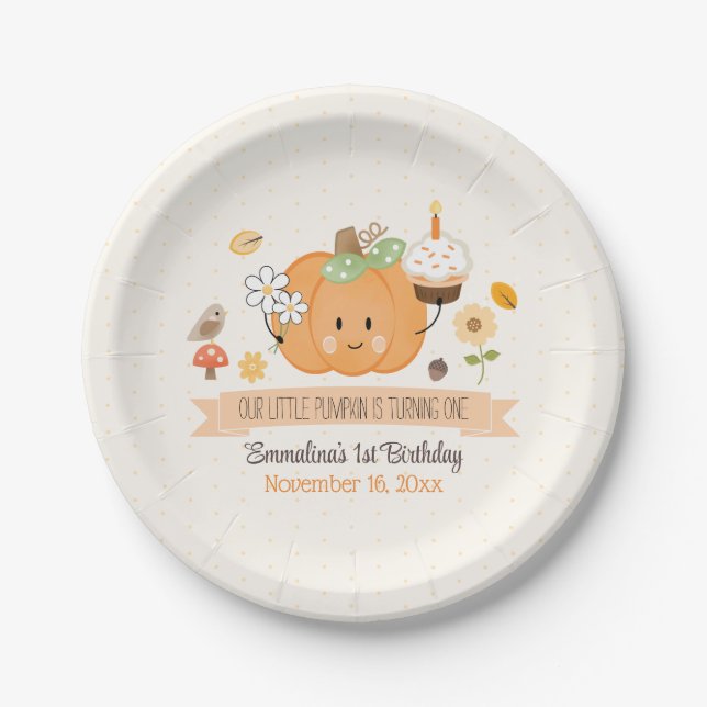 Our Little Pumpkin First Birthday Girl Paper Plates (Front)