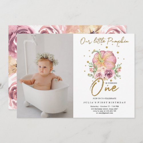 Our Little Pumpkin First Birthday Pink Photo Invitation