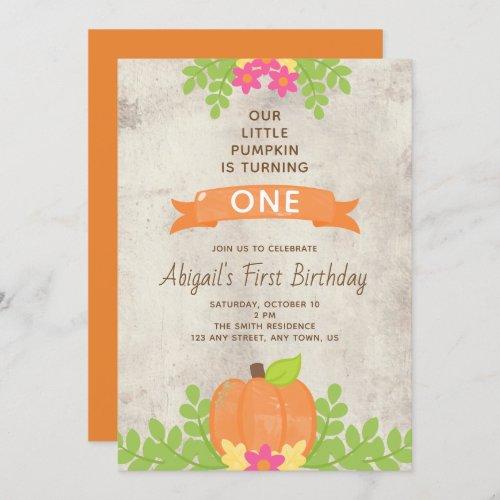 Our Little Pumpkin First Birthday Rustic Flowers Invitation