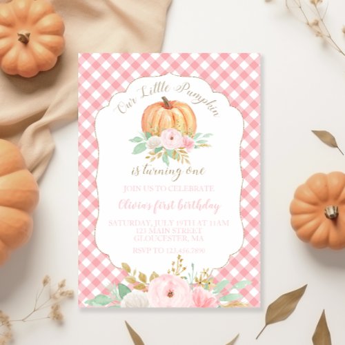 Our Little Pumpkin floral and pink plaid birthday Invitation