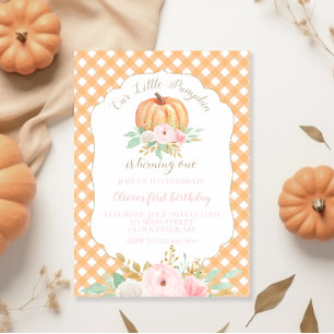 Our Little Pumpkin floral orange plaid birthday Invitation