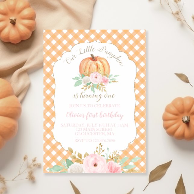 Our Little Pumpkin floral orange plaid birthday Invitation