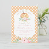Our Little Pumpkin floral orange plaid birthday Invitation (Standing Front)