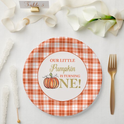 Our Little Pumpkin floral red plaid 1st birthday  Paper Plates