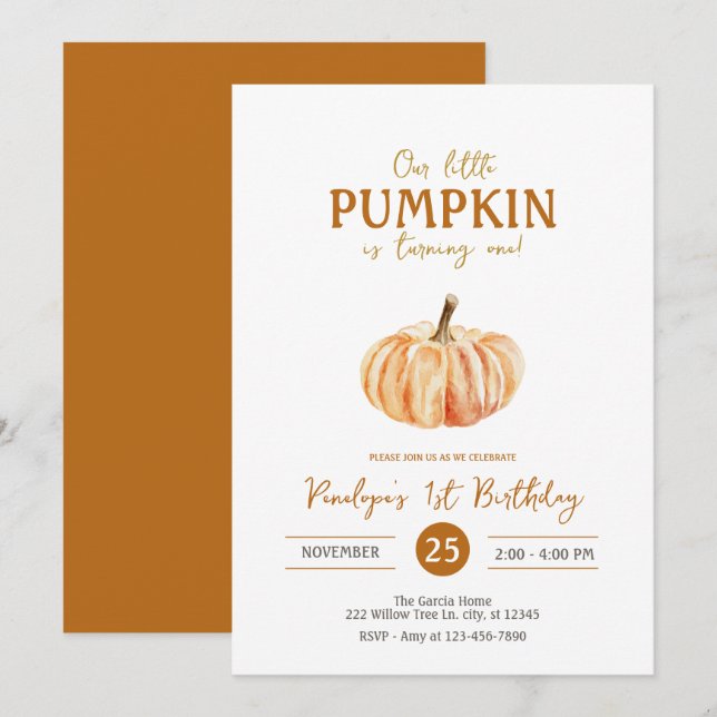 Our little Pumpkin Gender Neutral fall Birthday Invitation (Front/Back)