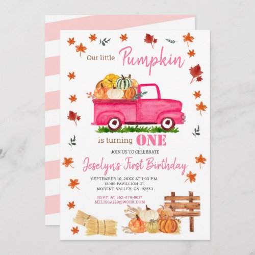 Our Little Pumpkin Girl First Birthday Pink Truck Invitation