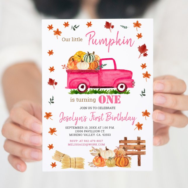 Our Little Pumpkin Girl First Birthday Pink Truck Invitation (Creator Uploaded)