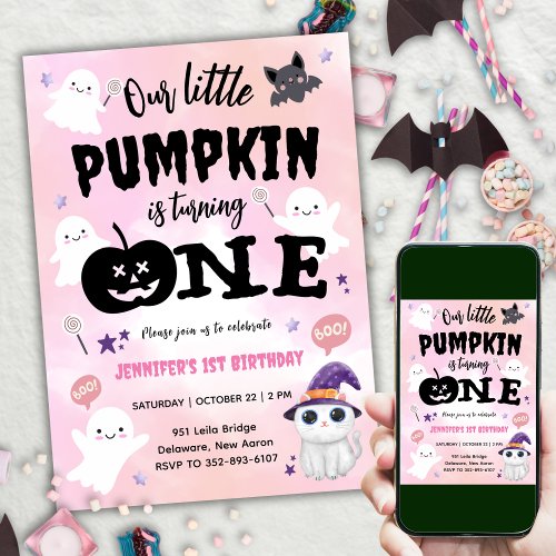 Our Little Pumpkin  Girl Halloween 1st Birthday Invitation