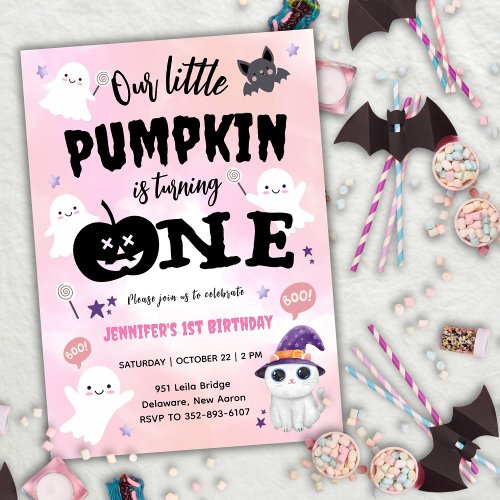 Our Little Pumpkin  Girl Halloween 1st Birthday Invitation