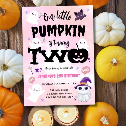 Our Little Pumpkin  Girl Halloween 2nd Birthday Invitation
