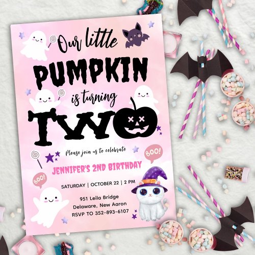 Our Little Pumpkin  Girl Halloween 2nd Birthday Invitation