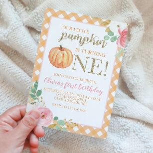 Our Little Pumpkin gold and floral first birthday  Invitation