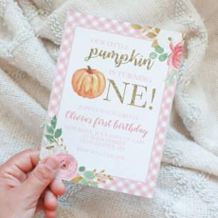Our Little Pumpkin gold and floral first birthday  Invitation