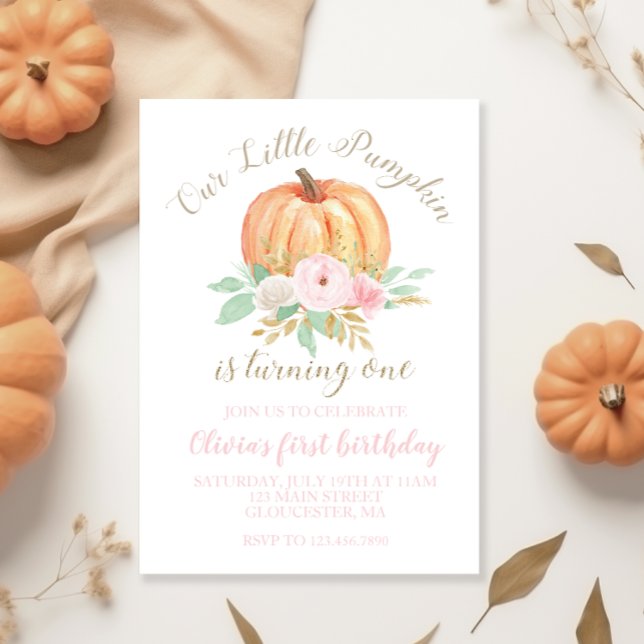 Our Little Pumpkin gold and floral first birthday Invitation (Creator Uploaded)