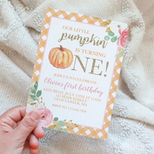 Our Little Pumpkin gold and floral first birthday  Invitation (Creator Uploaded)