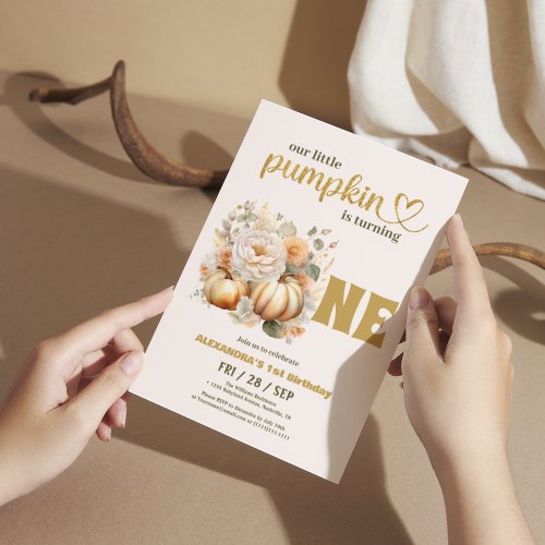 Our Little Pumpkin gold and floral first birthday Invitation