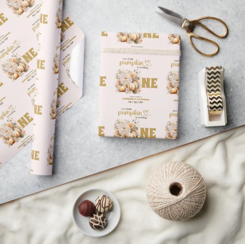 Our Little Pumpkin gold and floral first birthday Wrapping Paper
