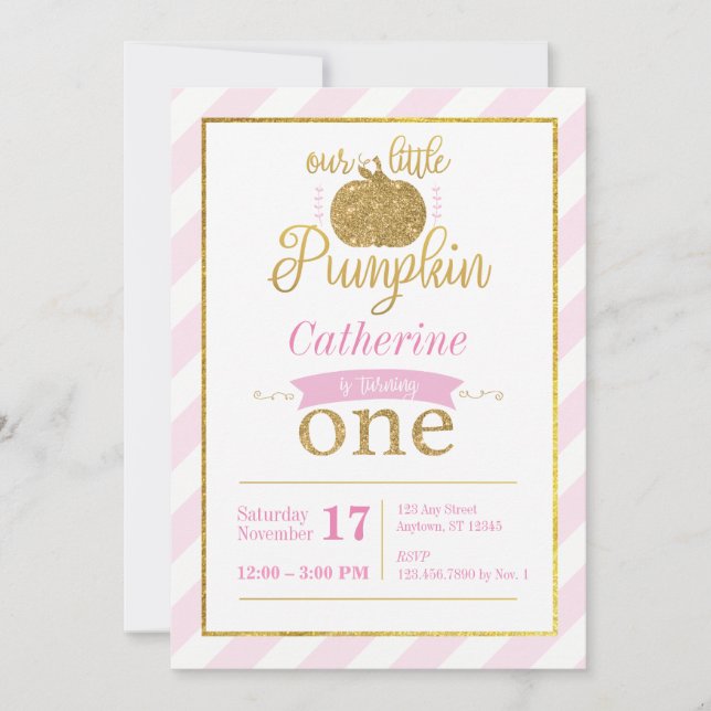 Our Little Pumpkin Gold Pink First Birthday Invite (Front)