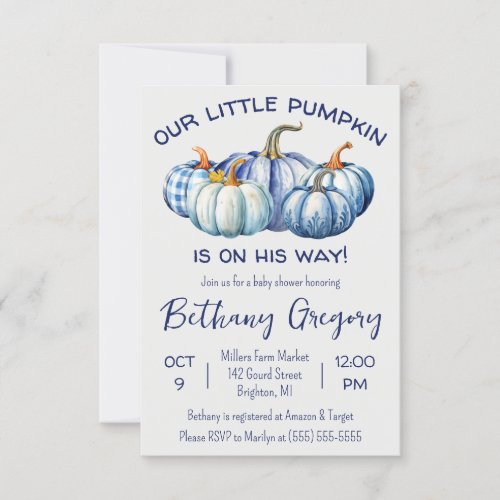 Our Little Pumpkin is on his way blue Baby Shower Invitation